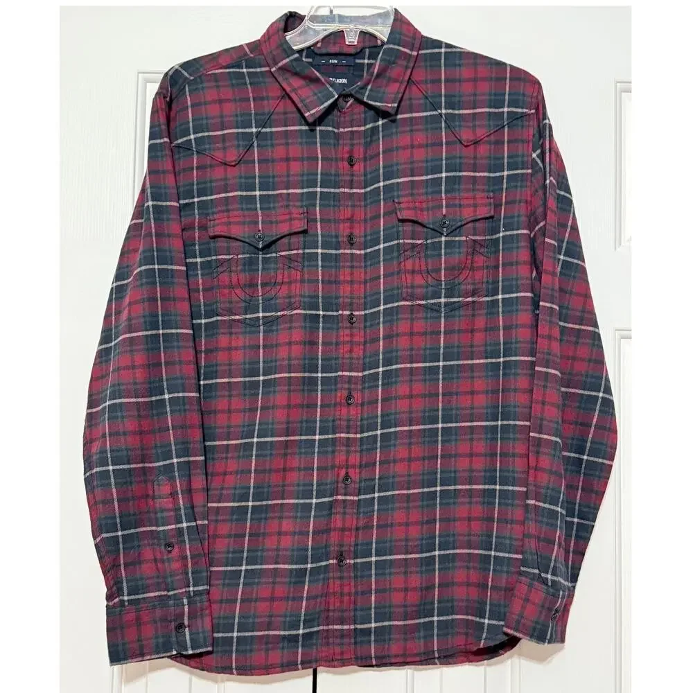 Men's True Religion Flannel Plaid Button Up Western Shirt, Size L